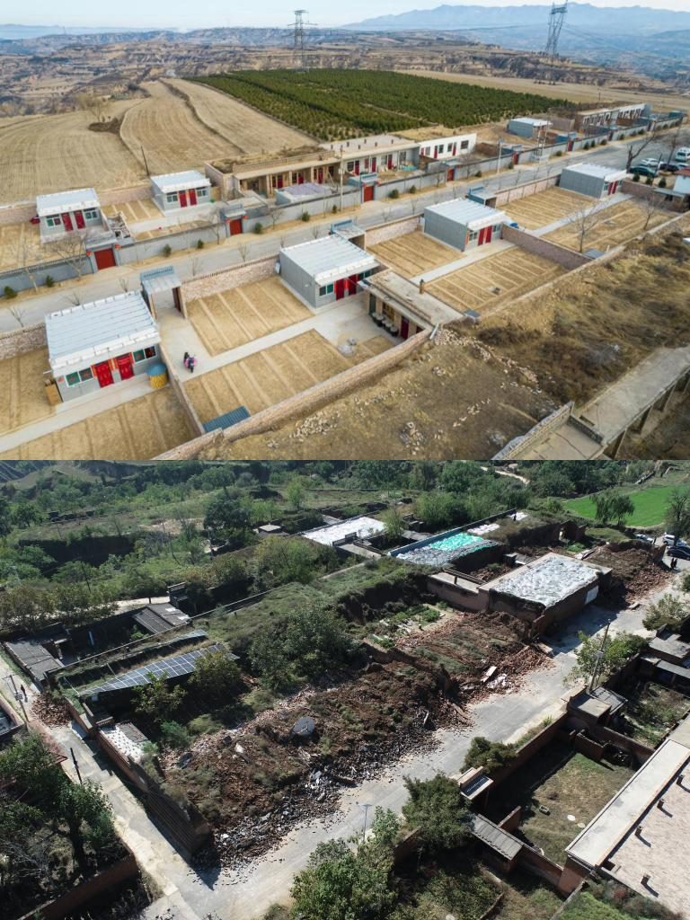 拼版照片，上圖是2022年1月山西省霍州市師莊鄉(xiāng)馮南垣村災(zāi)后恢復(fù)重建后的場(chǎng)景，下圖是2021年10月村莊因?yàn)?zāi)受損的場(chǎng)景。(霍州市委宣傳部供圖)