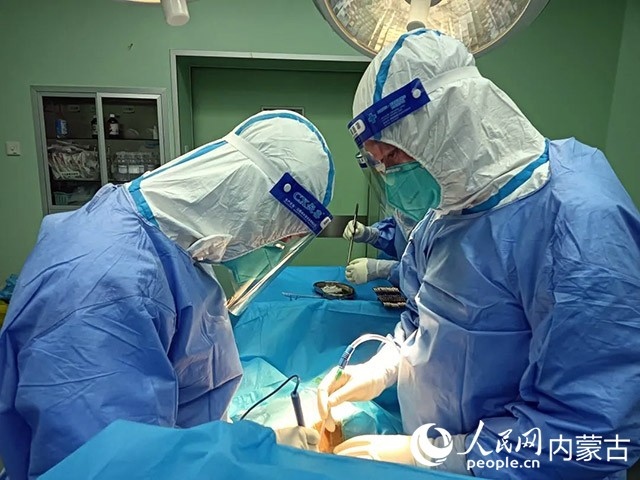 醫(yī)護(hù)人員正在為新冠肺炎合并腸梗阻腸穿孔的尿毒癥患者實(shí)施急診手術(shù)。呼和浩特市第一醫(yī)院供圖