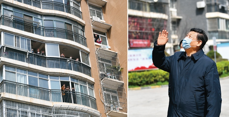 2020年3月10日，習(xí)近平專門赴湖北省武漢市考察新冠肺炎疫情防控工作。這是習(xí)近平在東湖新城社區(qū)考察時(shí)，向在家隔離居住的居民揮手致意、表示慰問(wèn)（拼版照片）