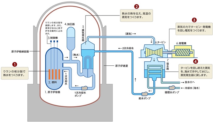 核電站運(yùn)作原理圖。通常的核電站排水未直接接觸核燃料。（圖片來源：日本北海道電力株式會(huì)社網(wǎng)站）