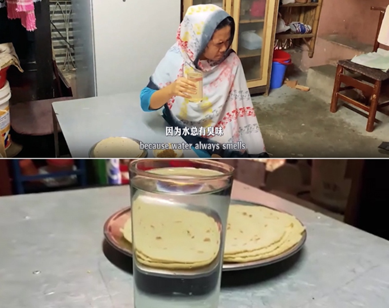 圖為紀(jì)實(shí)短片截圖：上圖為水質(zhì)未改善前，飲用水發(fā)黃渾濁；下圖為水廠建成后，飲用水水質(zhì)明顯改善，清澈透明。