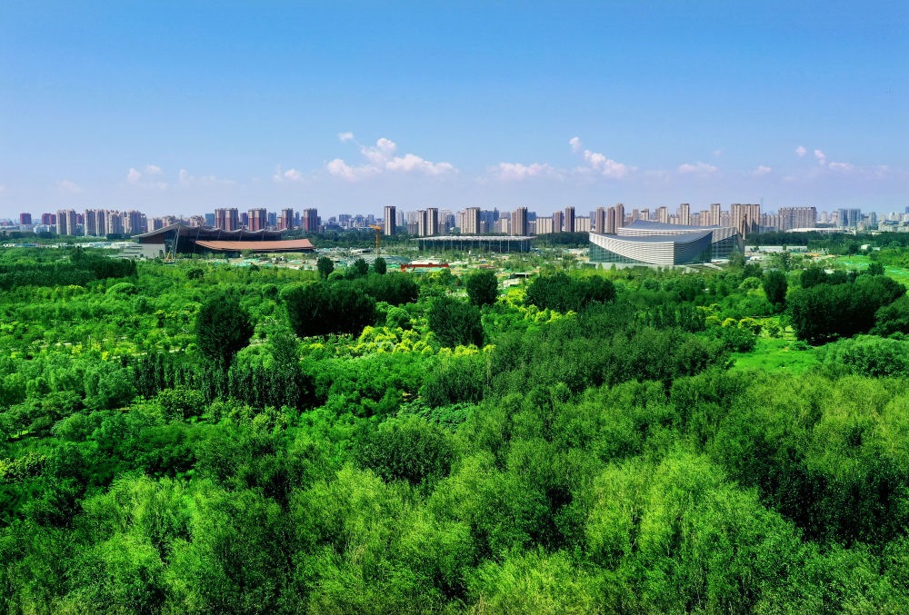 北京東方化工廠舊址建成的綠心公園草木蔥蘢。（馬文曉 攝）