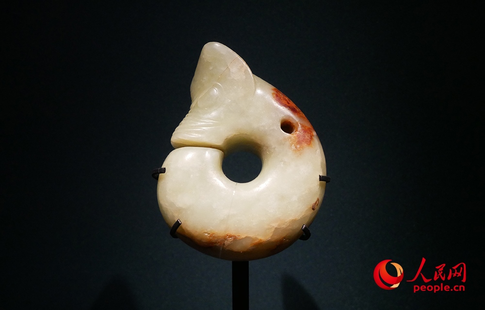 “玉潤(rùn)中華——中國(guó)玉器的萬年史詩圖卷”特展展出的玉豬龍。人民網(wǎng)記者 韋衍行攝