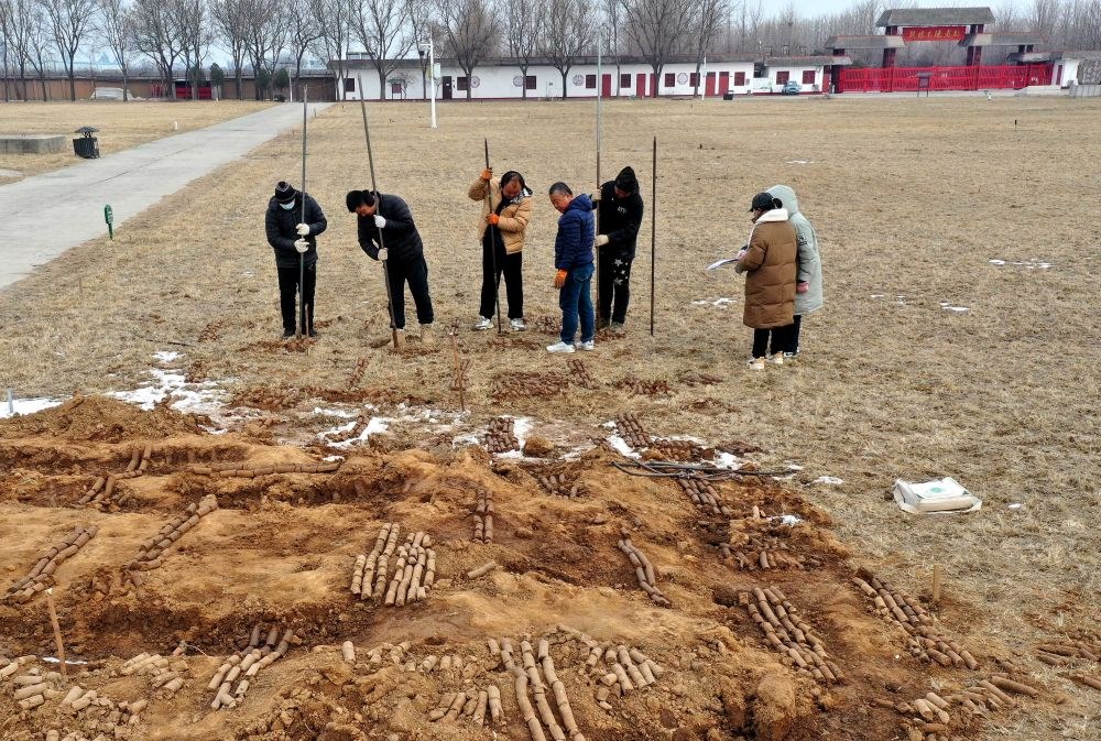 在殷墟王陵遺址，工作人員在勘探圍溝范圍（2月24日攝）。