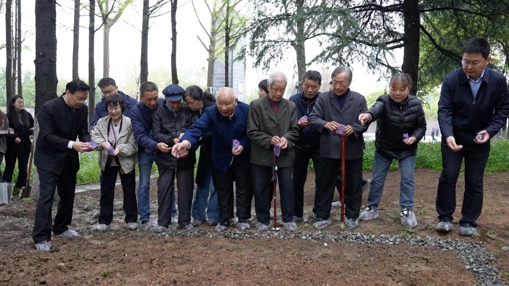 南京大屠殺幸存者代表、死難者遺屬代表等在紀念館的和平公園里，播撒下紫金草的種子。新華社記者林凱 攝