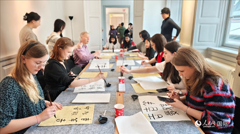 瑞典書法愛好者專心學(xué)習(xí)書法。人民網(wǎng)記者 殷淼攝