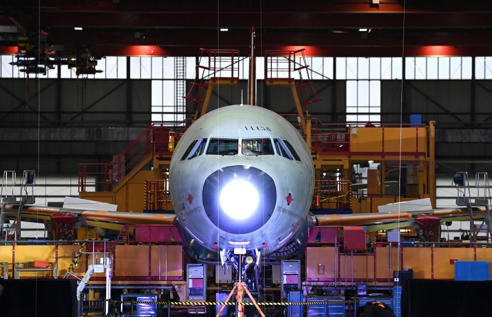 2022年11月9日，在空客天津總裝線，其首架空客A321飛機(jī)上線開始總裝。新華社記者 趙子碩 攝