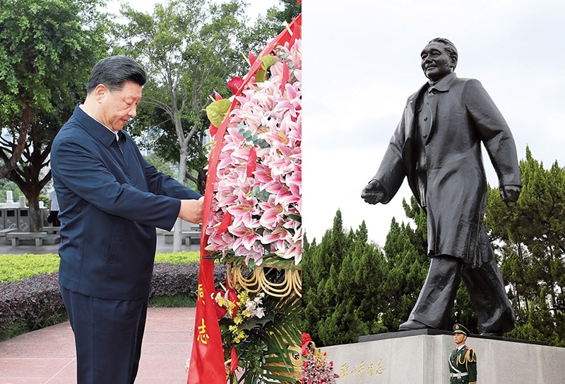 2020年10月14日，深圳經(jīng)濟(jì)特區(qū)建立40周年慶祝大會(huì)在廣東省深圳市隆重舉行。中共中央總書(shū)記、國(guó)家主席、中央軍委主席習(xí)近平在會(huì)上發(fā)表重要講話(huà)。這是當(dāng)天下午，習(xí)近平來(lái)到蓮花山公園，向鄧小平同志銅像敬獻(xiàn)花籃。 新華社記者 王曄/攝