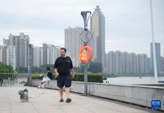 7月20日，在安徽蕪湖市，馬丁在長江邊遛狗。新華社記者 傅天 攝