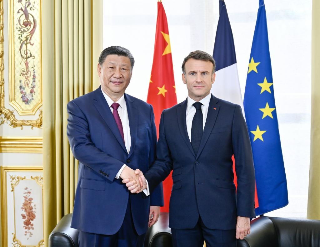 當?shù)貢r間2024年5月6日下午，國家主席習近平在巴黎愛麗舍宮同法國總統(tǒng)馬克龍舉行會談。新華社記者 殷博古 攝