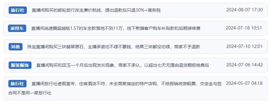 近期網(wǎng)友涉及直播購物相關(guān)投訴問題。（“人民投訴”用戶投訴截圖）
