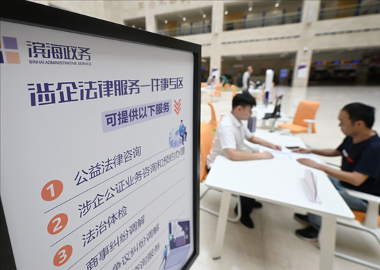 在天津濱海新區(qū)政務(wù)服務(wù)中心，工作人員在“涉企法律服務(wù)一件事”專區(qū)為市民提供服務(wù)（2024年7月31日攝）。新華社記者 趙子碩 攝
