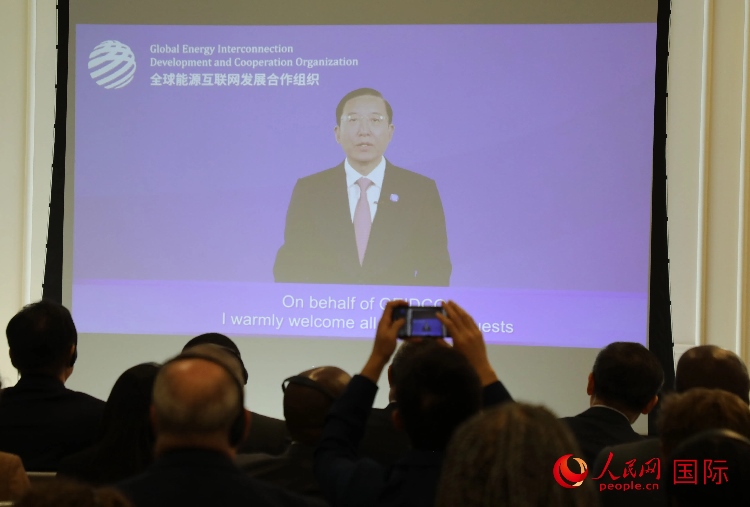 全球能源互聯(lián)網(wǎng)發(fā)展合作組織主席、中國電力企業(yè)聯(lián)合會理事長辛保安通過視頻方式致辭。人民網(wǎng)記者 李志偉攝