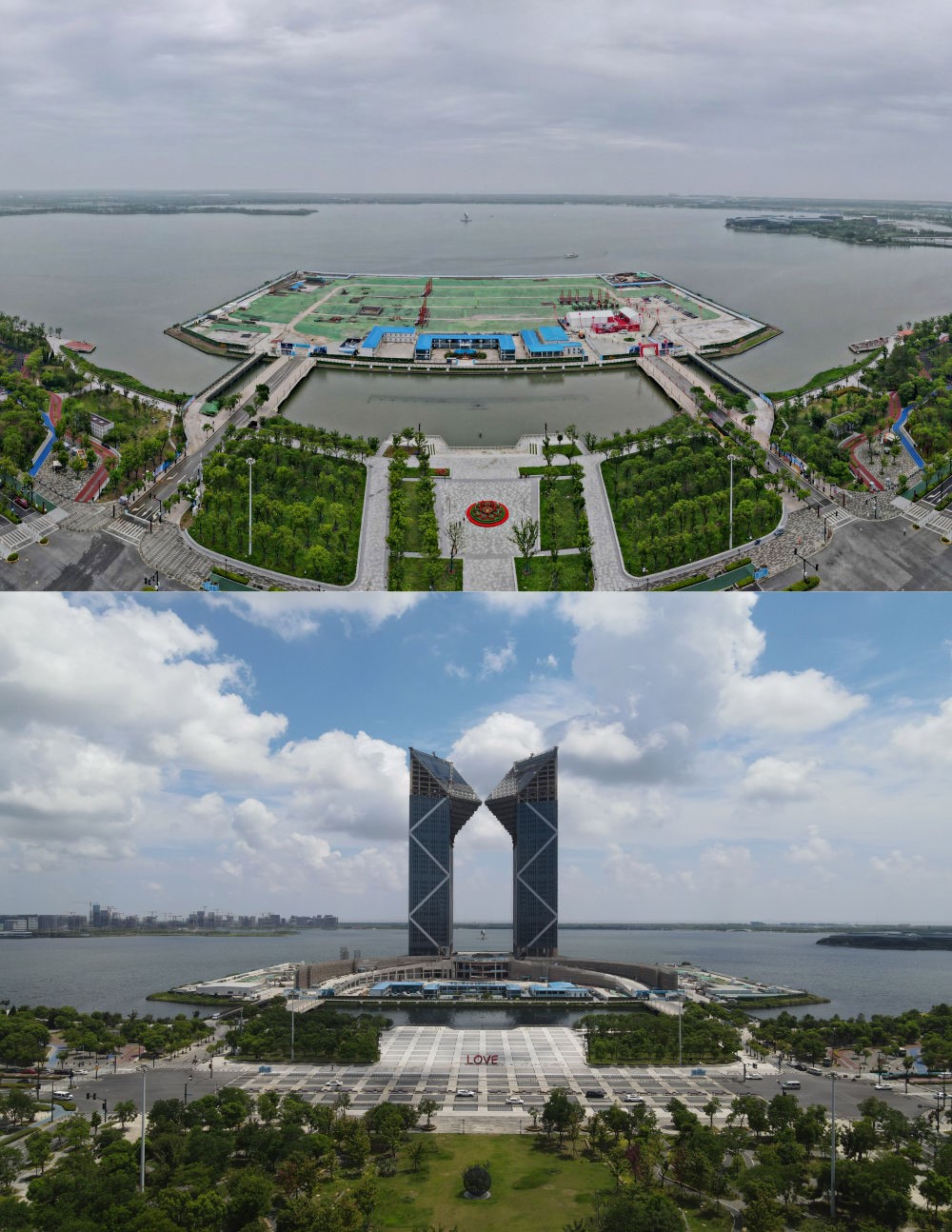 拼版照片：空中俯瞰中國（上海）自由貿易試驗區(qū)臨港新片區(qū)滴水湖西島中銀金融中心項目現(xiàn)場（上圖為2021年6月20日攝，無人機照片；下圖為2024年8月14日攝，無人機照片）。2019年8月20日，臨港新片區(qū)揭牌成立，一個開放新高地在長江與東海交匯處日益崛起。