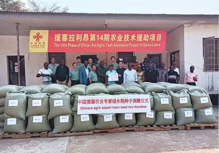 中國援塞拉利昂農(nóng)業(yè)專家組在塞南方省博城舉辦水稻種子捐贈儀式。中國援塞農(nóng)業(yè)專家組供圖